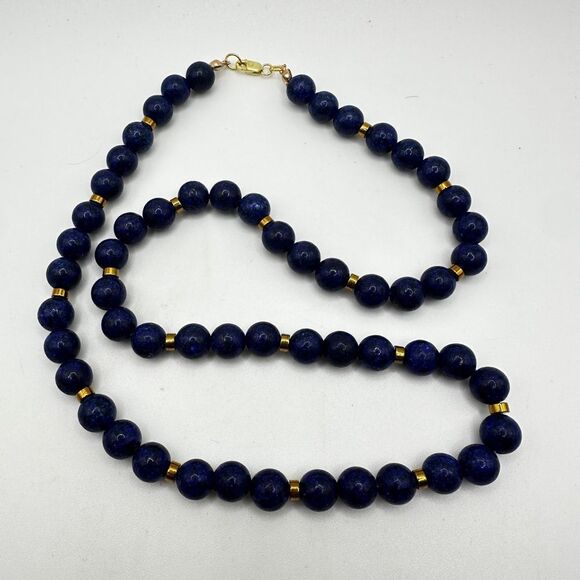 20" Revived 8mm beaded lapis lazuli necklace with gold tone accents, 925 clasp! - Picture 7 of 12